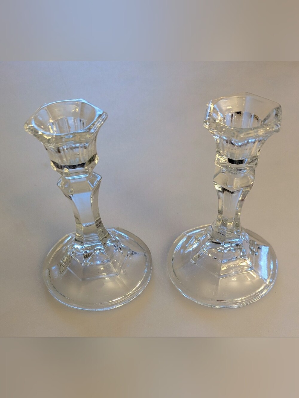 Set of 2 Vintage Clear Glass Taper Candlestick Holders 4.5" Tall